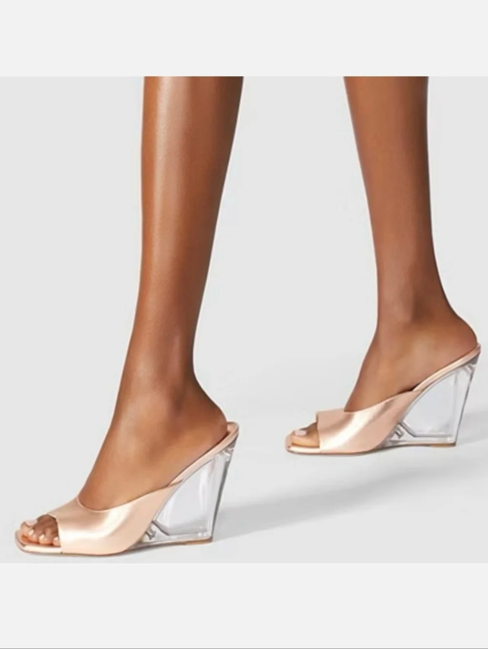 Stuart Weitzman 6.5 TIA 100 LUCITE WEDGE Rose Gold Metallic Leather Sandal - Picture 2 of 5